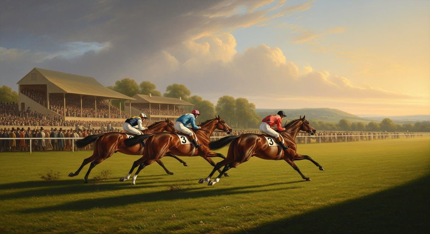 Thoroughbred racehorses galloping on the flat at Newmarket in a George Stubbs oil painting style