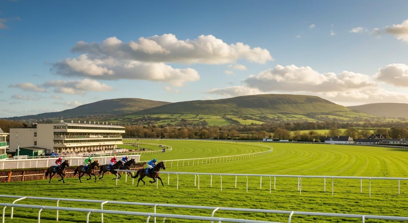 Racehorses jumping at Punchestown with the Wicklow Mountains behind
