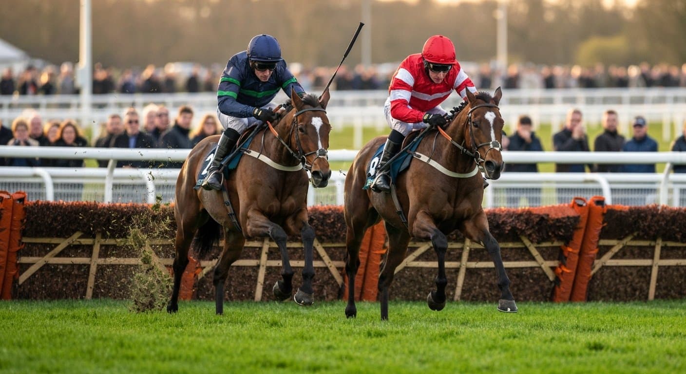 Two racehorses duelling over the final fence at Punchestown