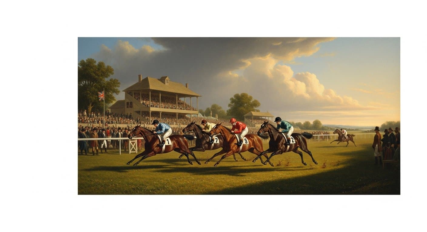 Horses jumping fences at a National Hunt festival, oil painting style