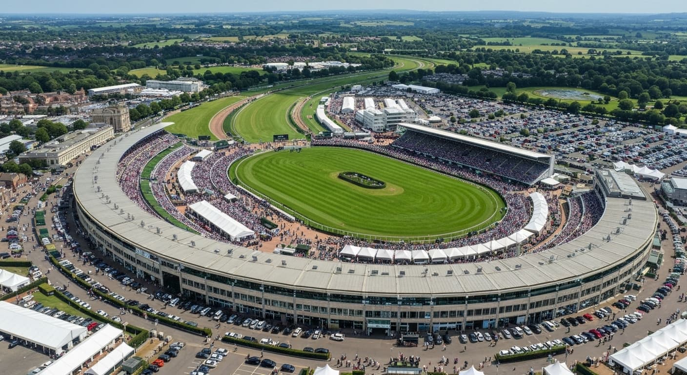 Aerial view of Royal Ascot racecourse on a race day