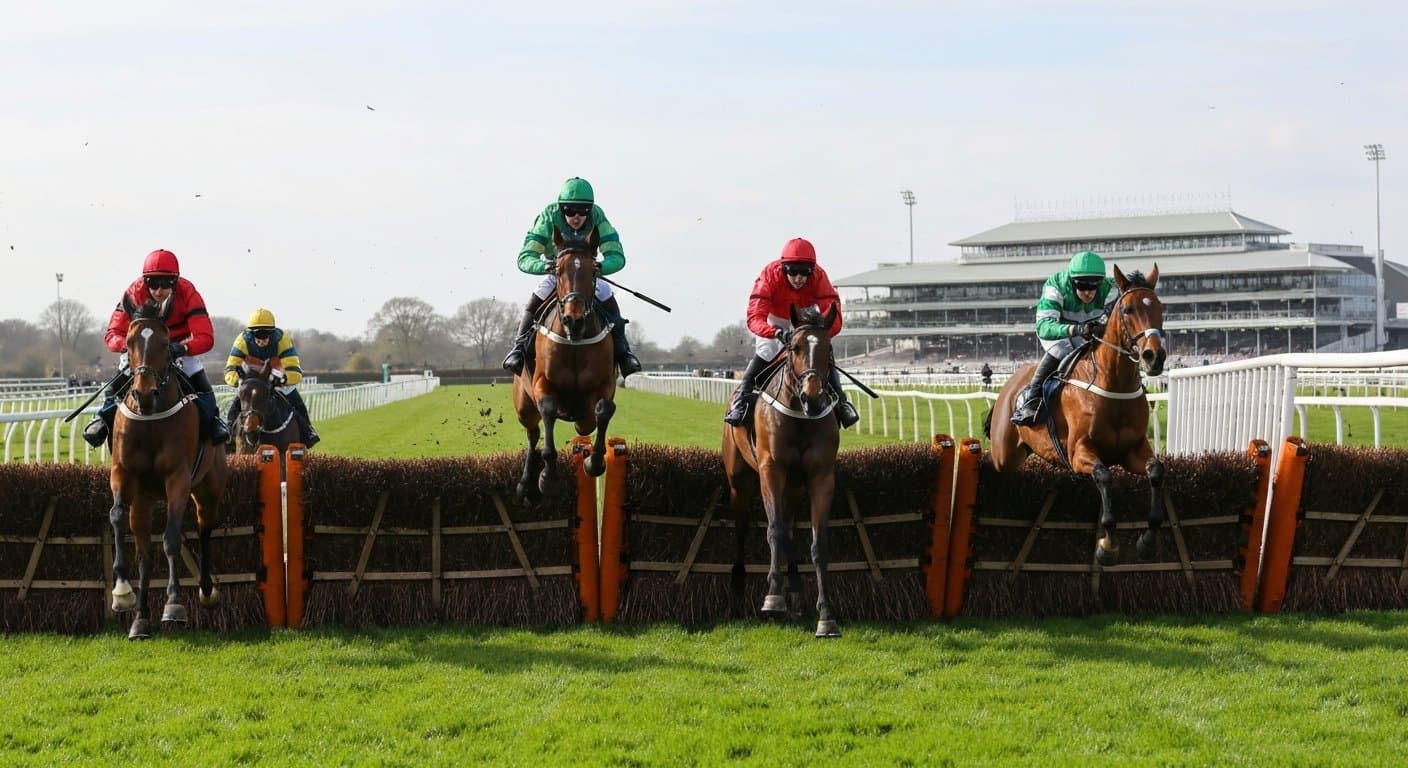 Horses jumping the Railway Fences at Sandown Park on Bet365 Gold Cup day