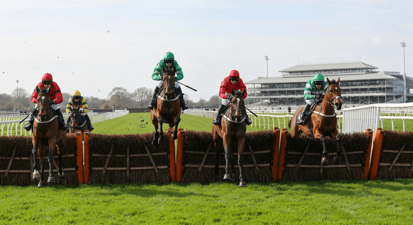 Horses jumping the Railway Fences at Sandown Park on Bet365 Gold Cup day