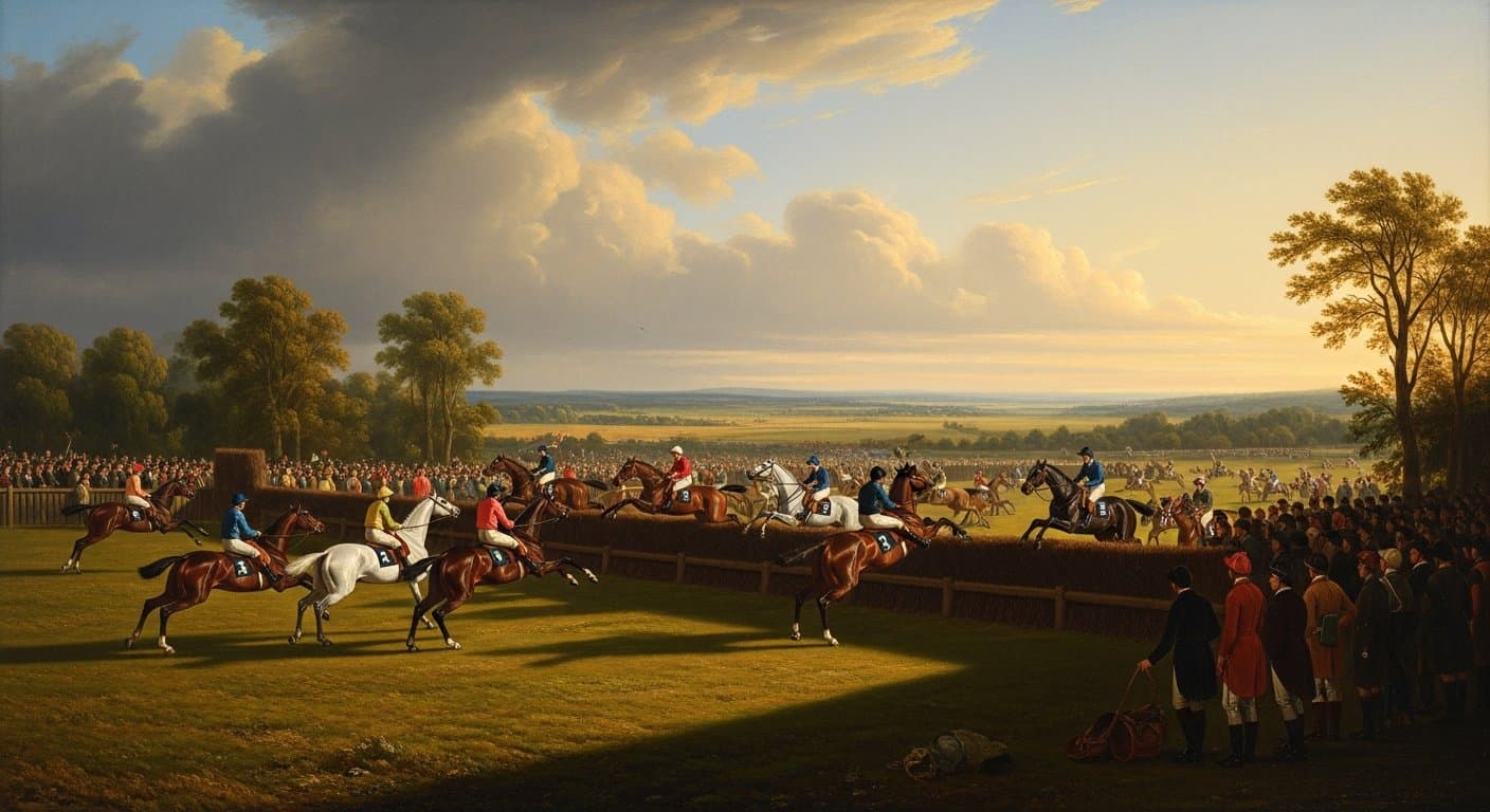Horses racing on a flat racecourse on a spring afternoon