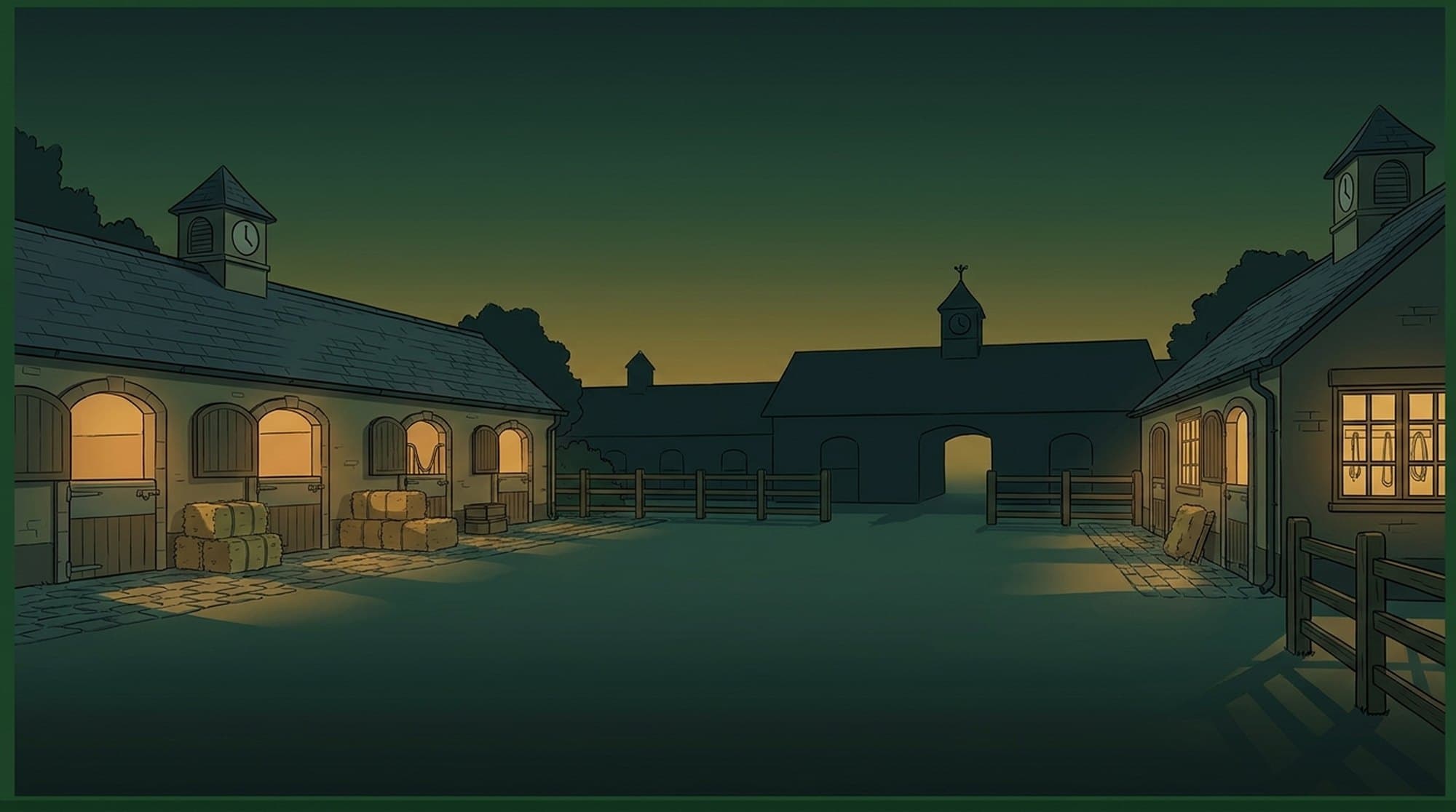 A stable yard at dusk, lamps lit in the boxes