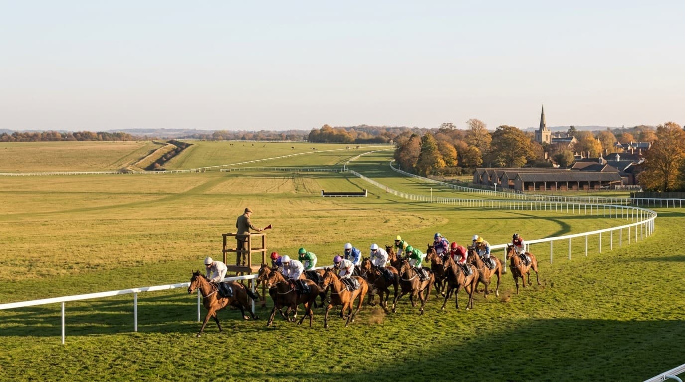 Runners leaving the start at Newmarket as the starter's flag drops in low autumn sun