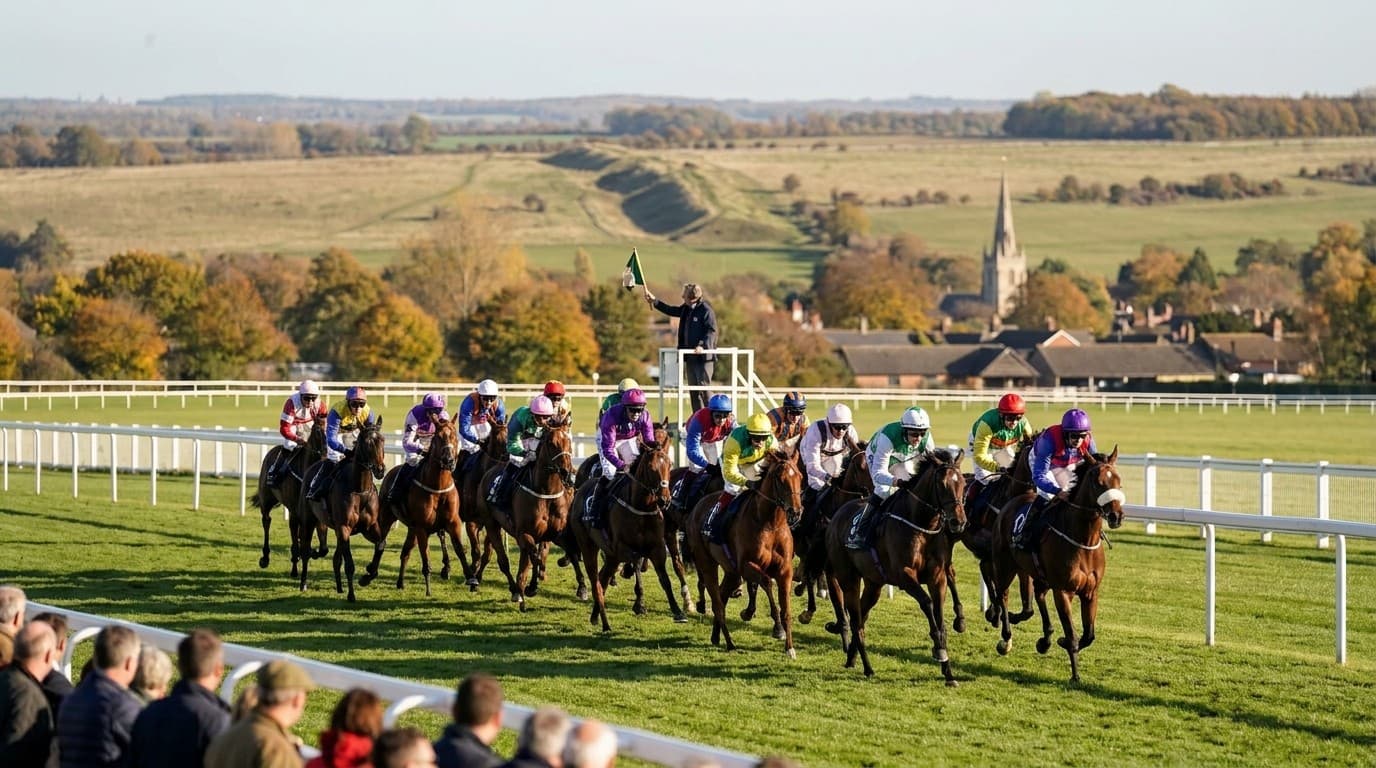 Flat runners jumping off on turf as the starter's flag drops, in low autumn sun