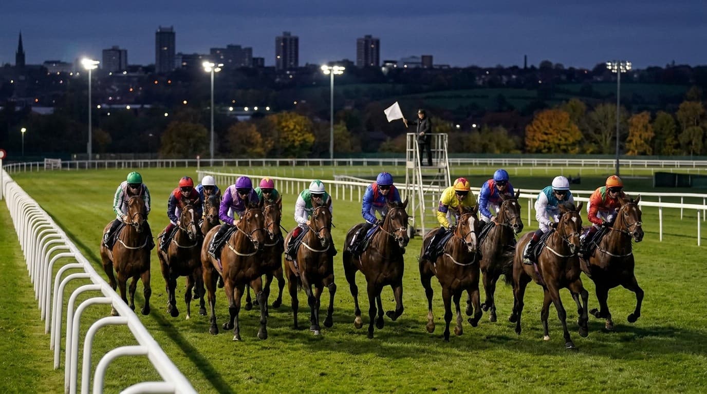 Flat runners leaving the start under floodlights at dusk, with autumn trees and a city skyline behind