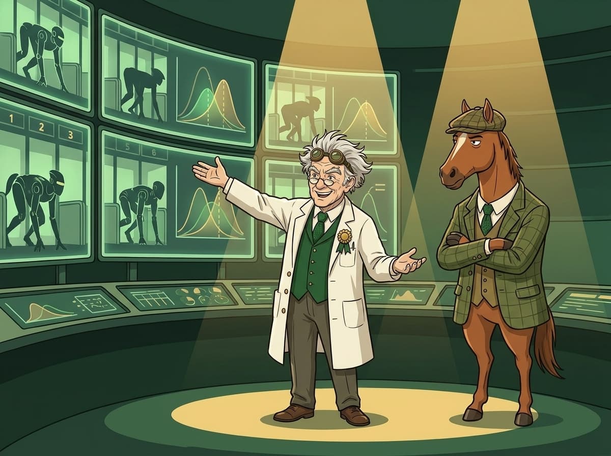 Professor Furlong presents the AI models lined up in the starting stalls while Pascal looks on, unimpressed