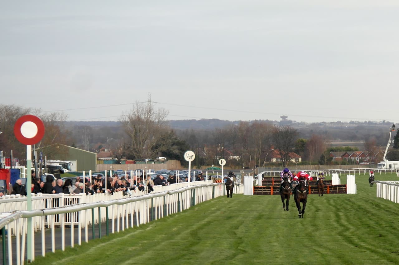 Two horses racing towards the camera up the home straight at Aintree with a hurdle behind them and racegoers at the rail.