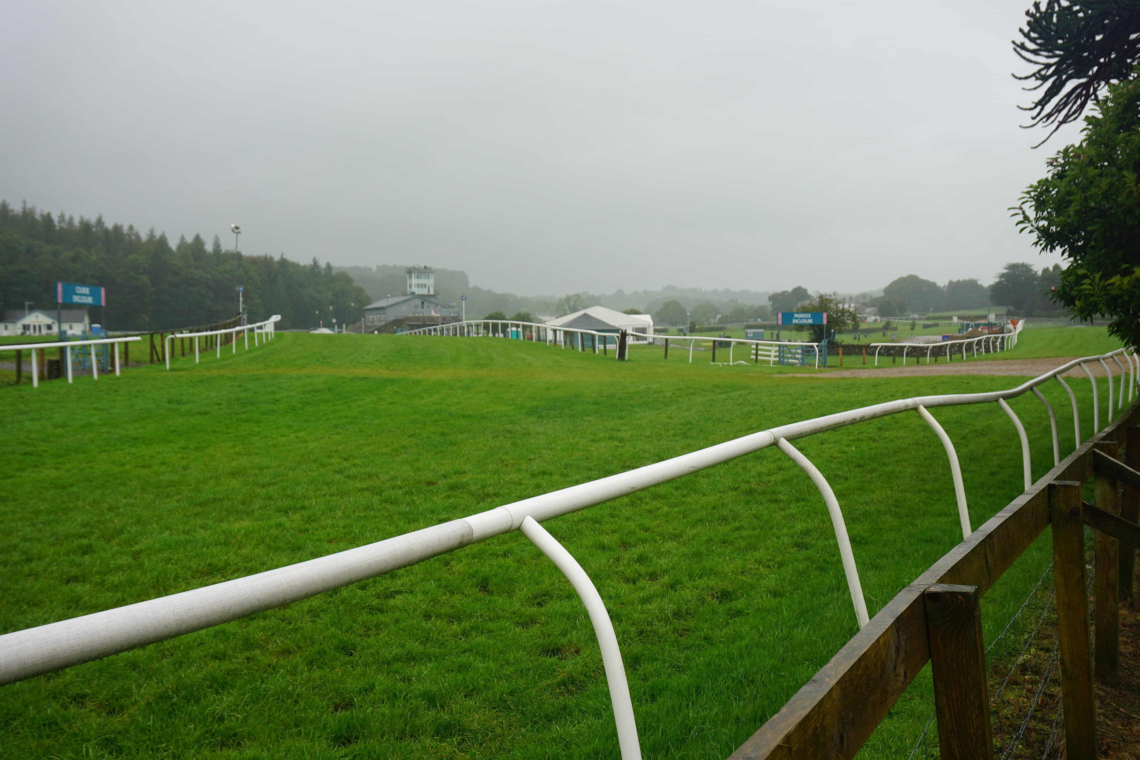 The rail at Cartmel curving away across the course, the wooded fells lost in low cloud beyond.