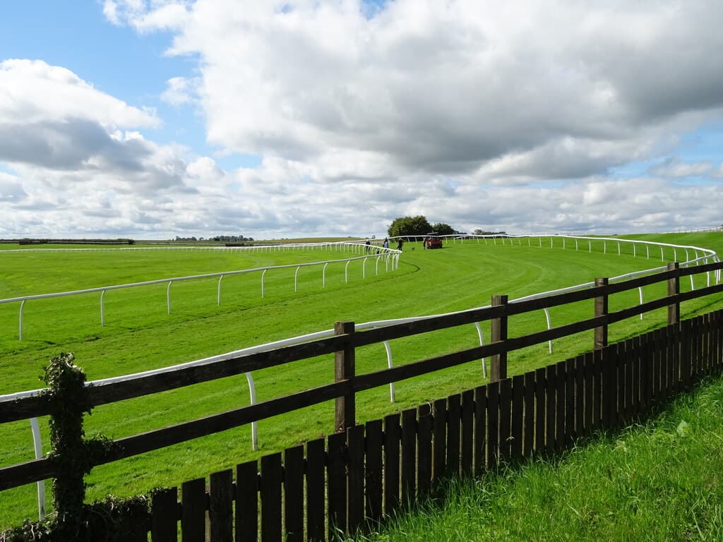 The turn at Catterick, the white rail sweeping round the bend with a post and rail fence in the foreground.