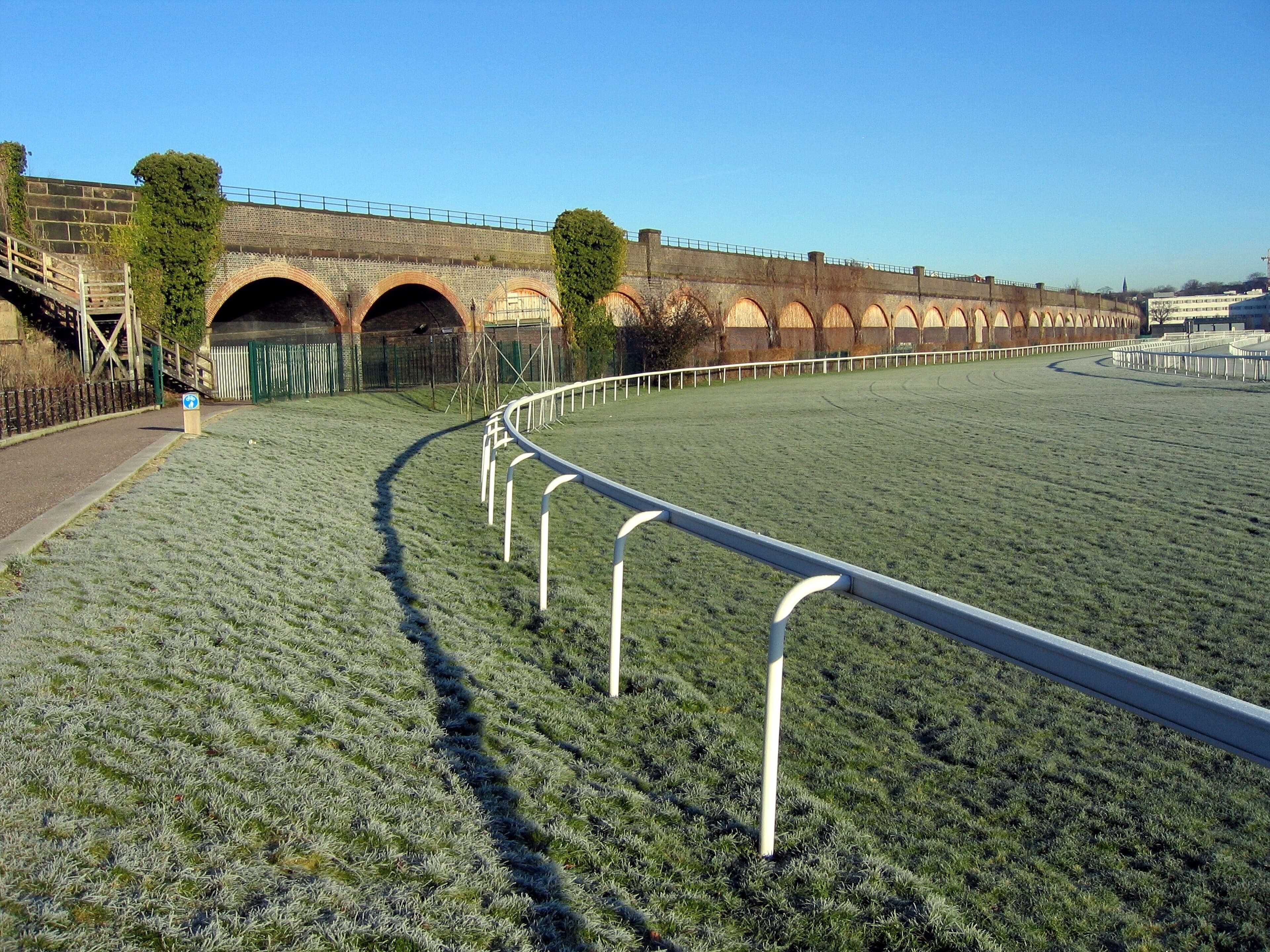 Frost on the turf at Chester racecourse early on a clear morning, the white rail curving round in front of the long brick arches of the railway viaduct.