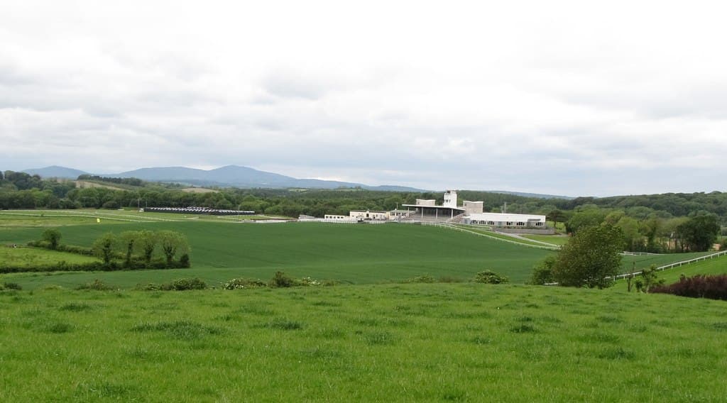 Downpatrick racecourse seen from the Vianstown Road, the track running across the drumlin with the stand on the far rise.