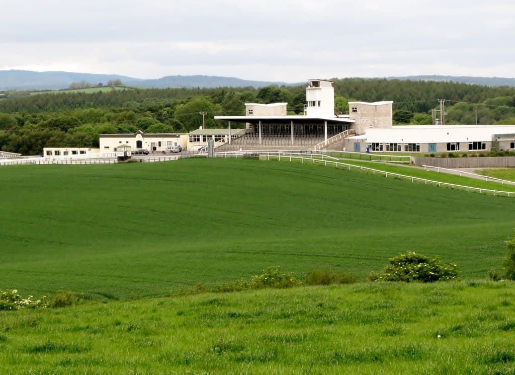 The stand and enclosures at Downpatrick racecourse above the rising turf of the track, with the Mourne foothills behind.
