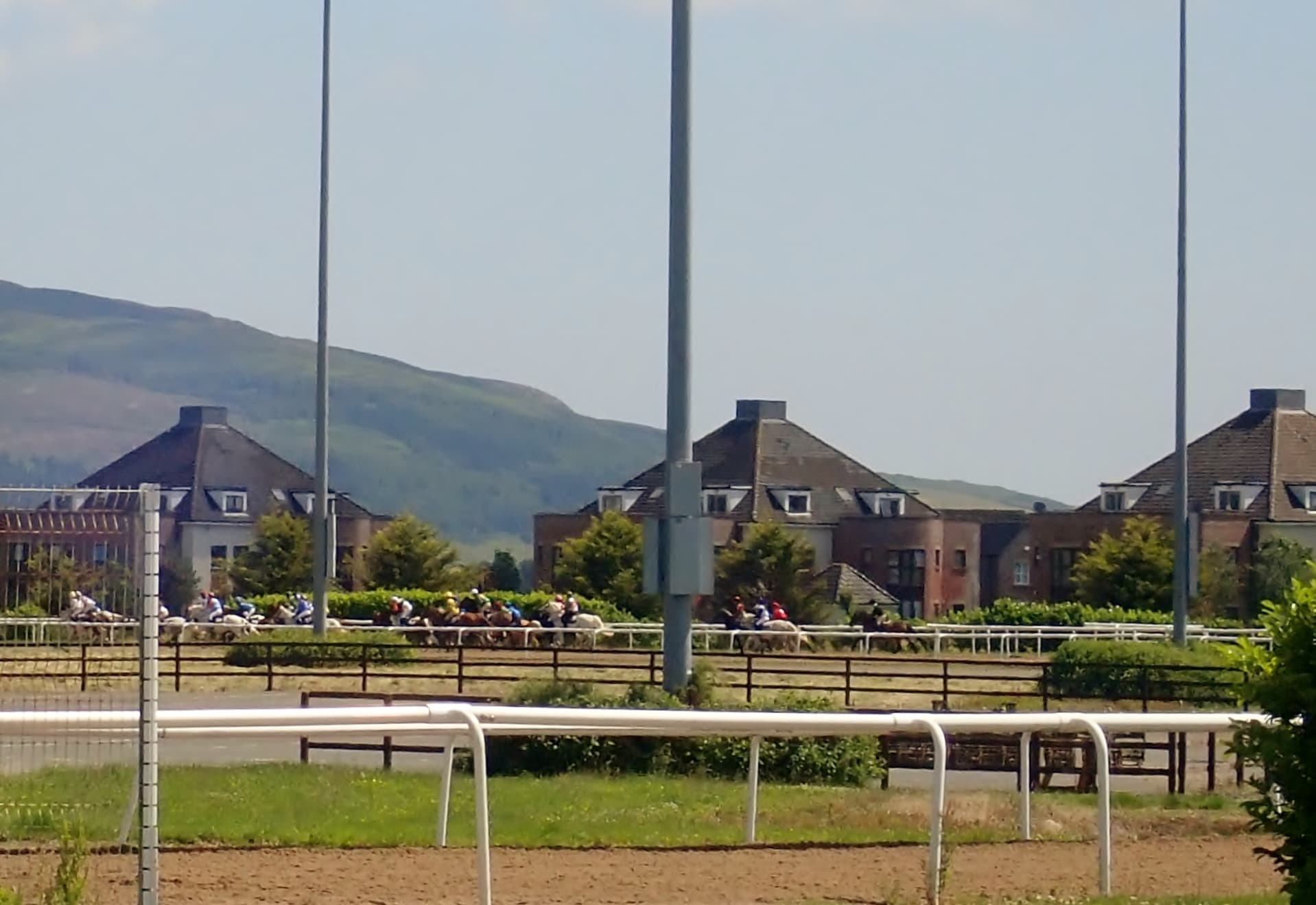 A field of runners strung across the sand at Dundalk, floodlight columns above them and the Cooley hills behind.