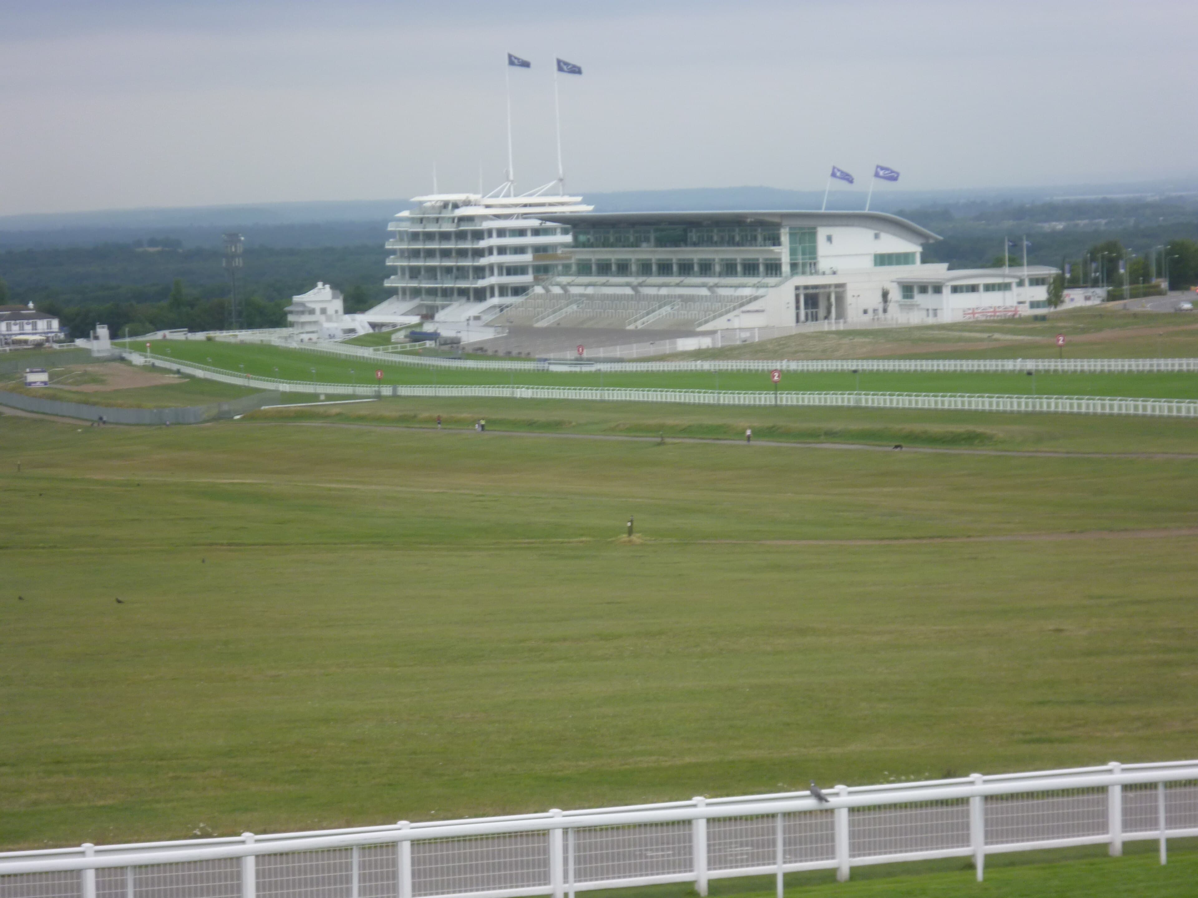 The Epsom grandstand on the crest of the Downs, seen across the open turf inside the course.