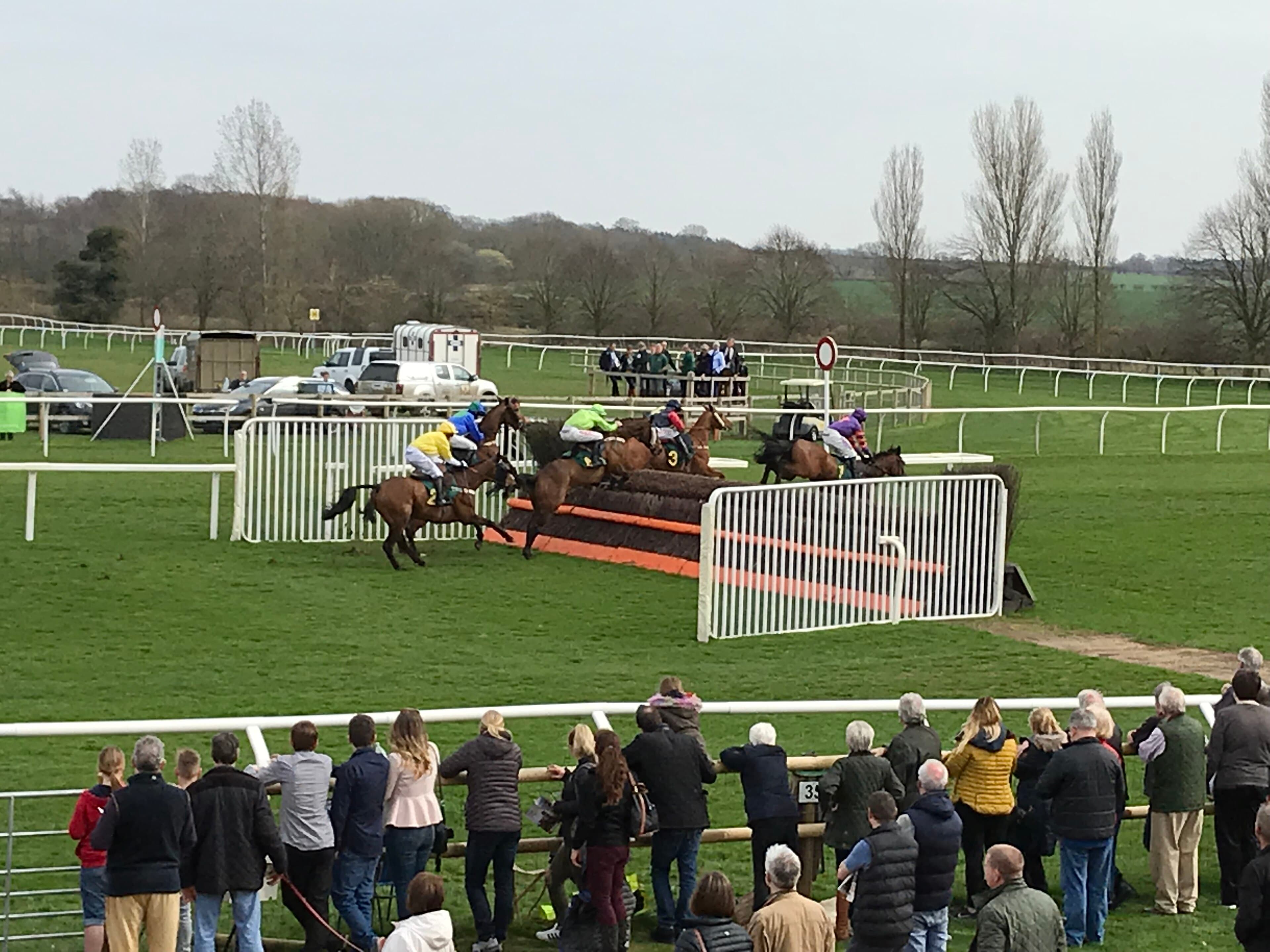 A field of hurdlers jumping in front of a line of racegoers leaning on the rail at Fakenham.
