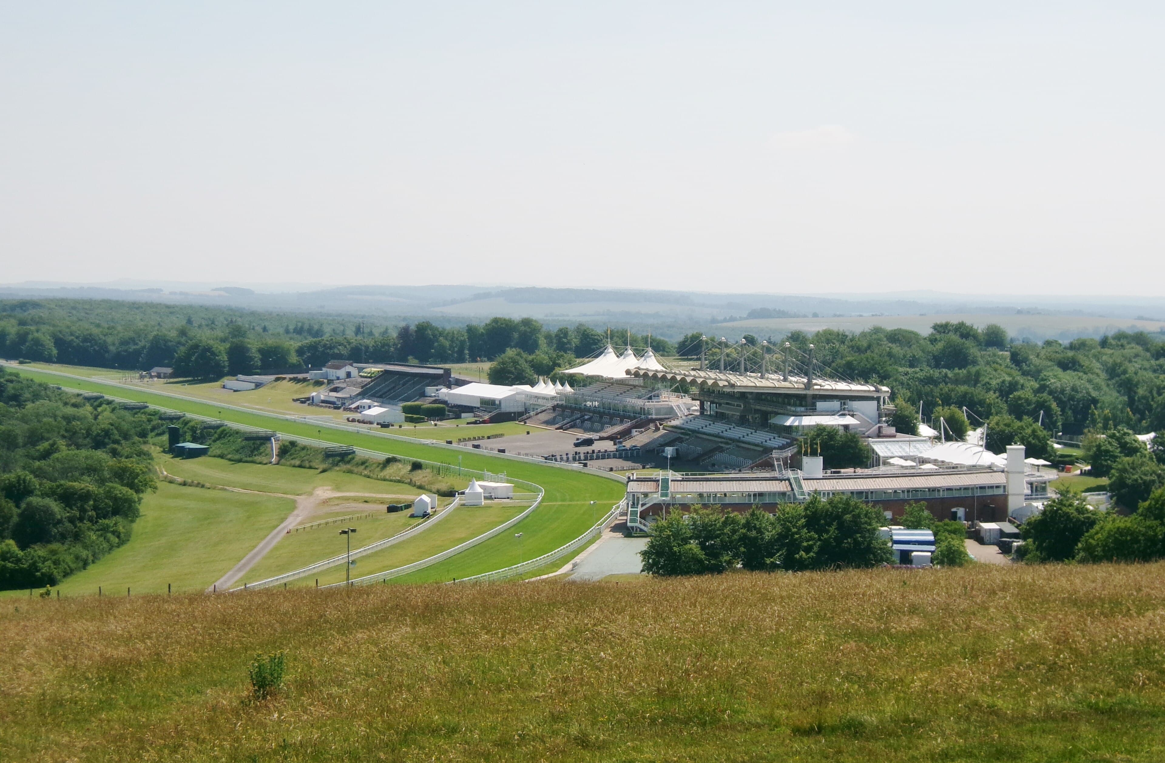 Goodwood racecourse laid out along the crest of the downs, seen from the hill above it.