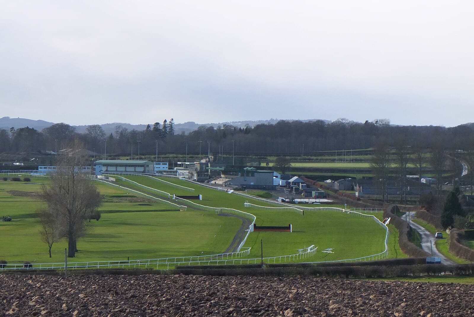 Kelso racecourse seen from the hill above, the white rails and birch fences laid out below the stands and the Borders hills beyond.