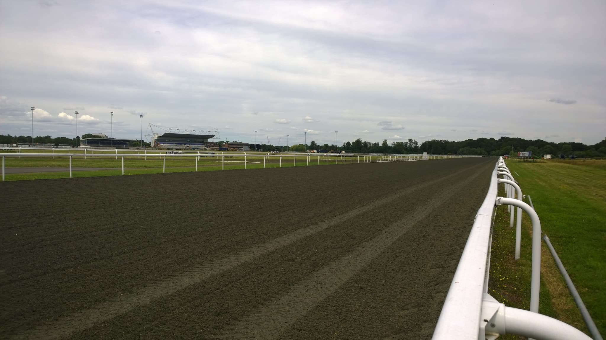Looking along the Kempton Park Polytrack towards the grandstand, the turf course beyond the far rail.