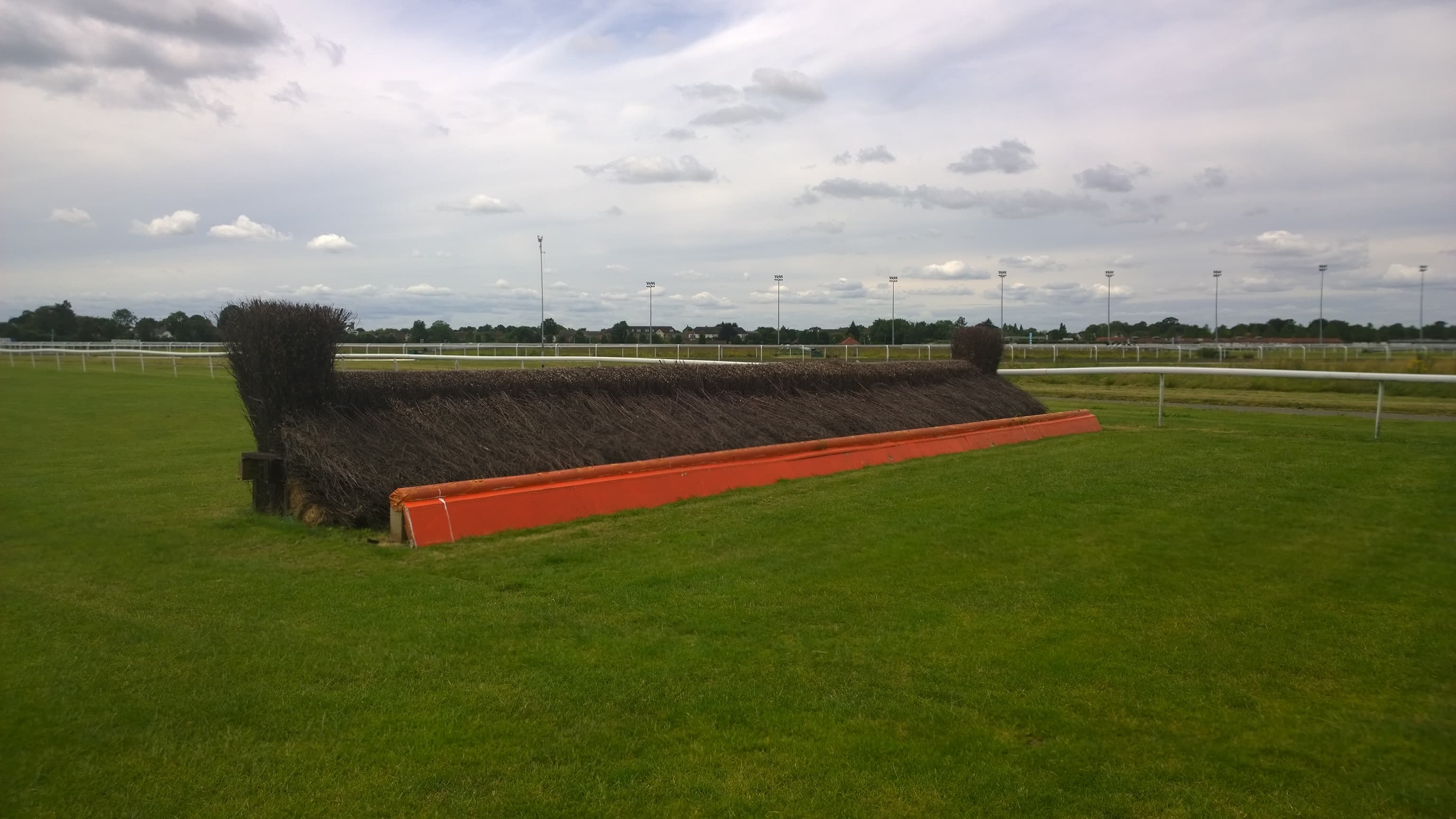 A birch steeplechase fence with its orange take off board on the Kempton Park jumps course.