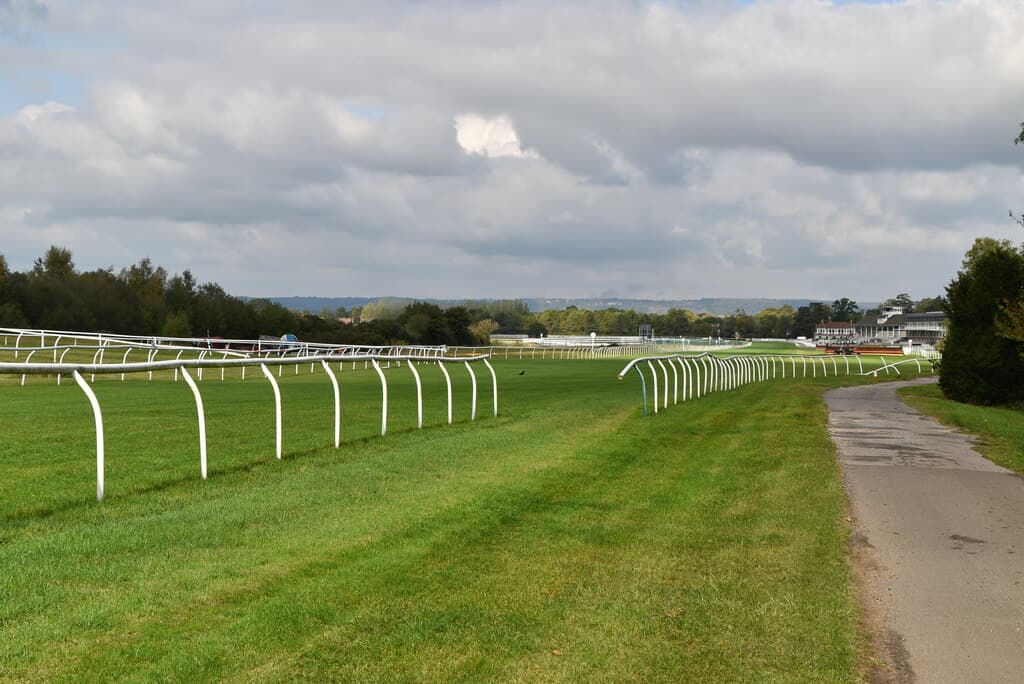 The turf and all-weather tracks at Lingfield Park running side by side towards the grandstand on the right, under a cloudy autumn sky.