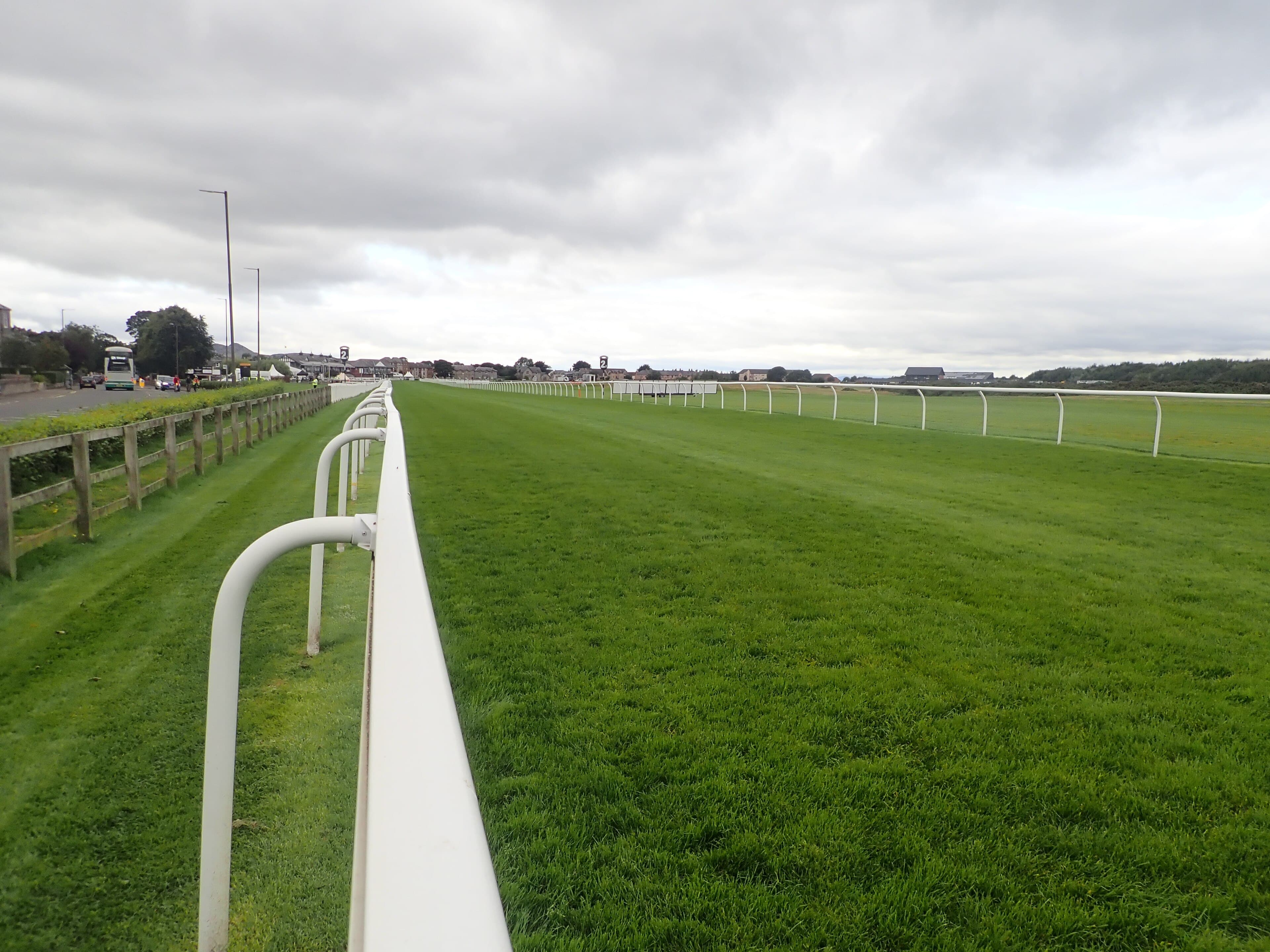 The home straight at Musselburgh racecourse, the white rail running away towards the far turn under grey cloud.