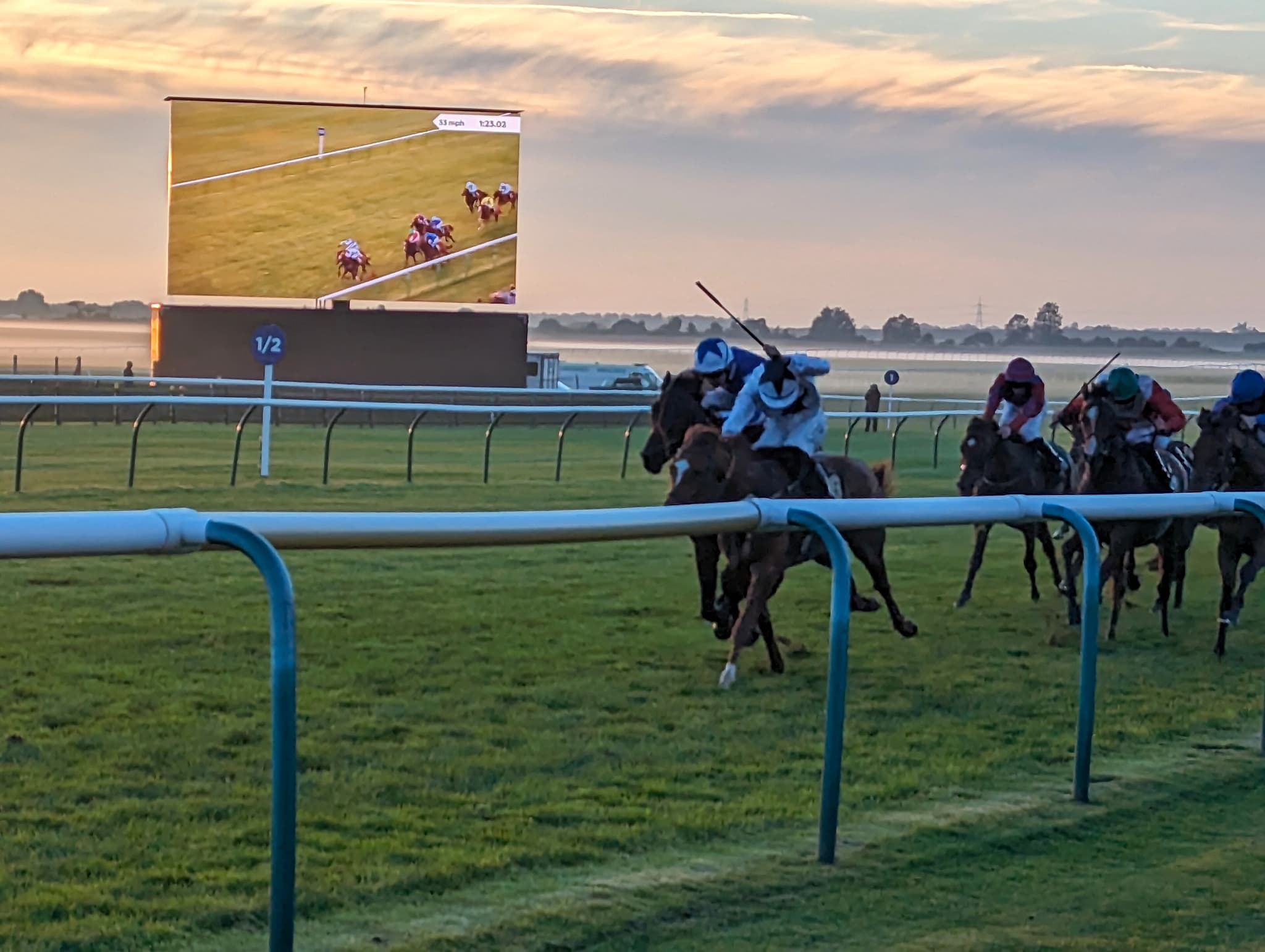 Runners inside the last half furlong at Newmarket at sunrise, the big screen showing the race behind them.