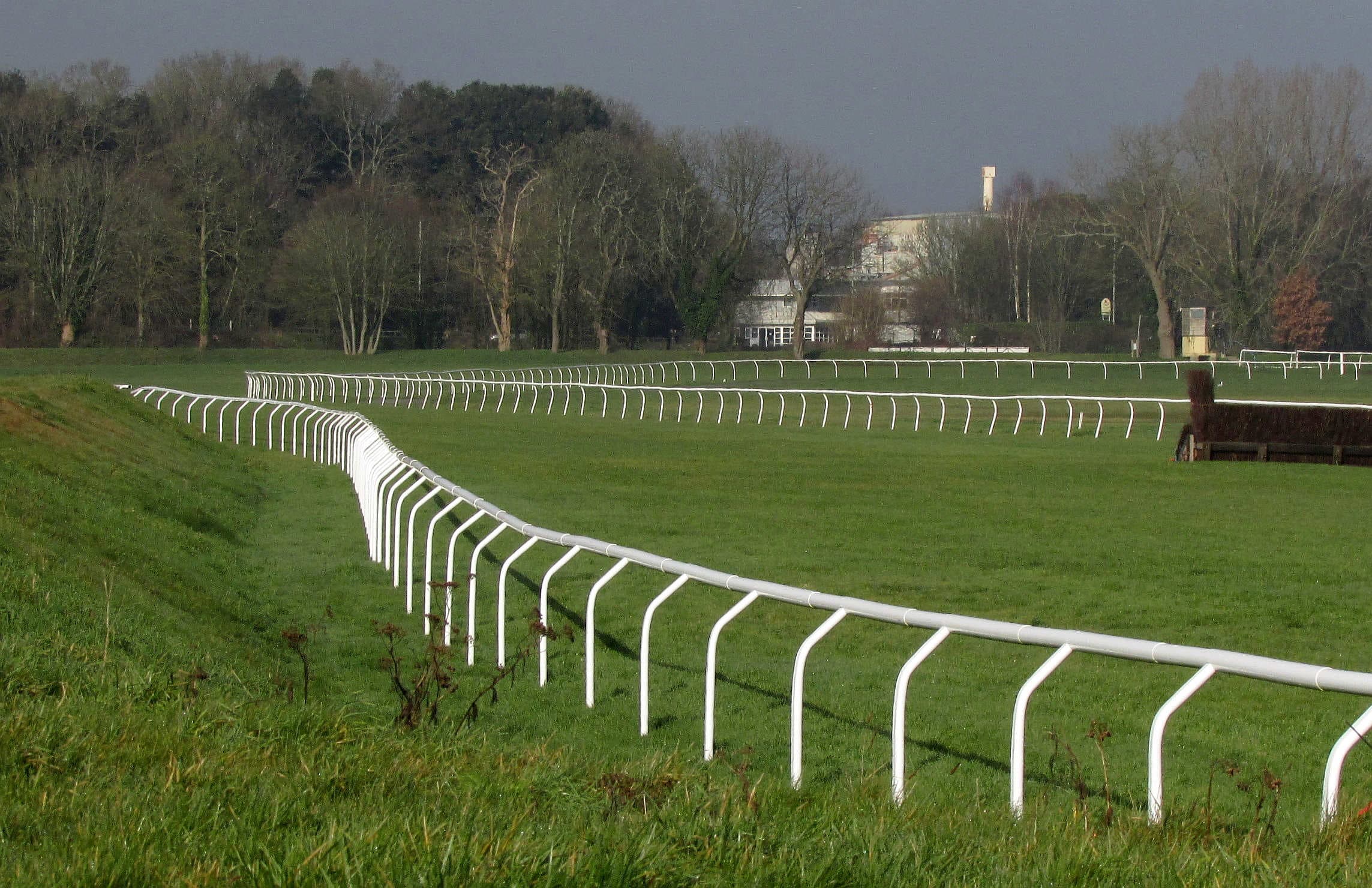 The white running rail curving away round the top bend at Newton Abbot, bare trees on the skyline.