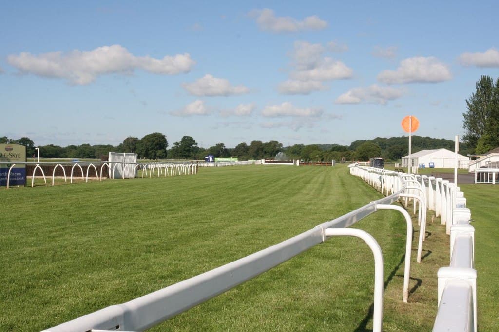 The home straight at Perth racecourse in Scone Palace park, the white rail running away past the enclosures under a summer sky.