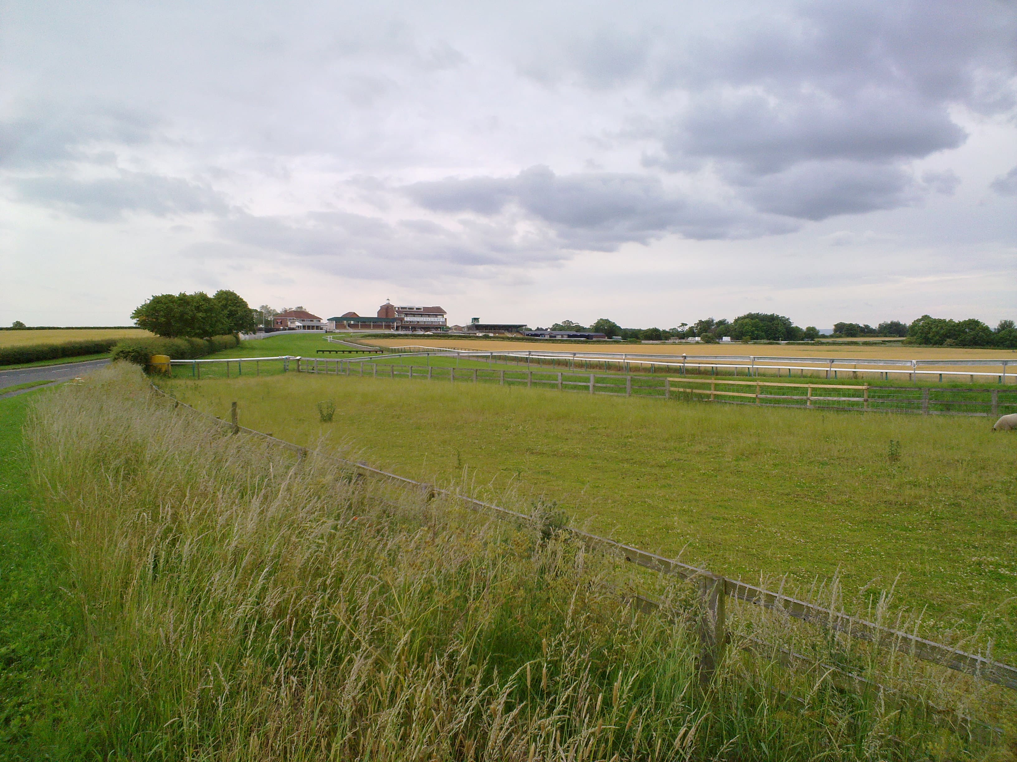 Sedgefield Racecourse from the north, the rails and the stands spread low across County Durham farmland.