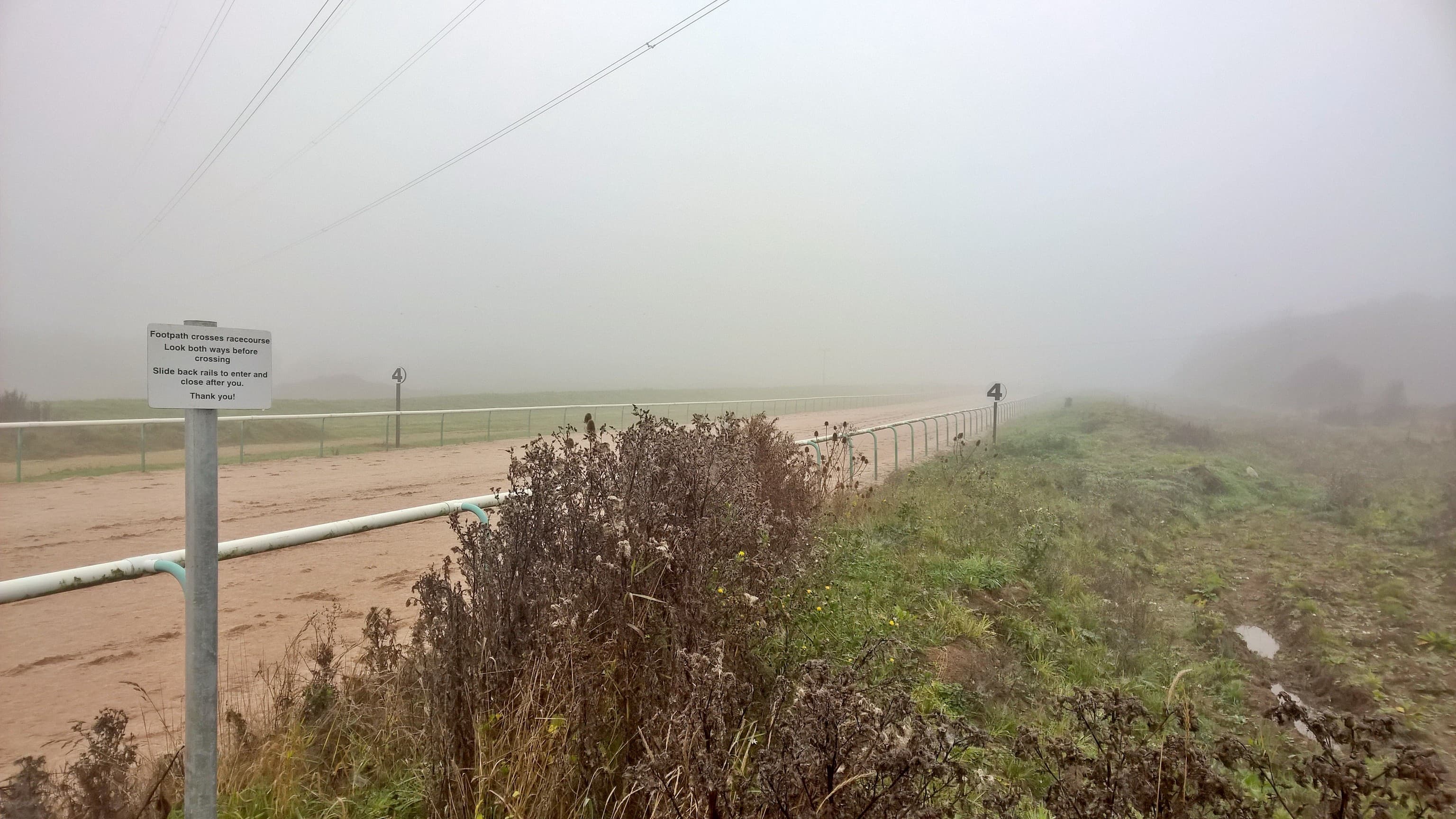 The four furlong marker at Southwell in thick fog, the sand track running away into the murk.