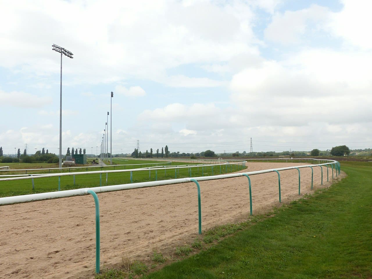The sand all-weather track at Southwell curving away between green-posted rails, floodlight pylons along the back straight.