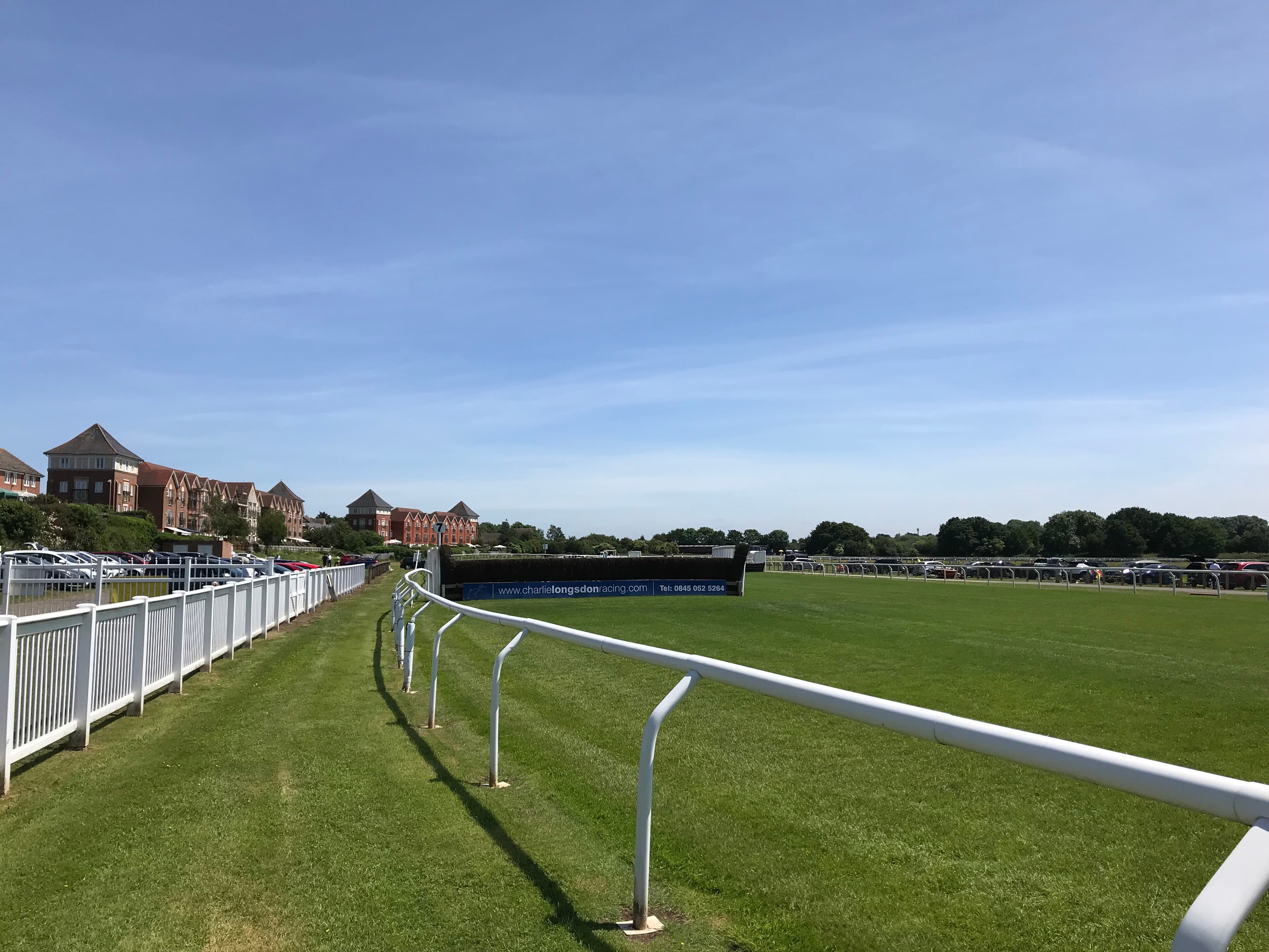 The home straight at Stratford-on-Avon on a clear summer day, the rail running down to the winning post.