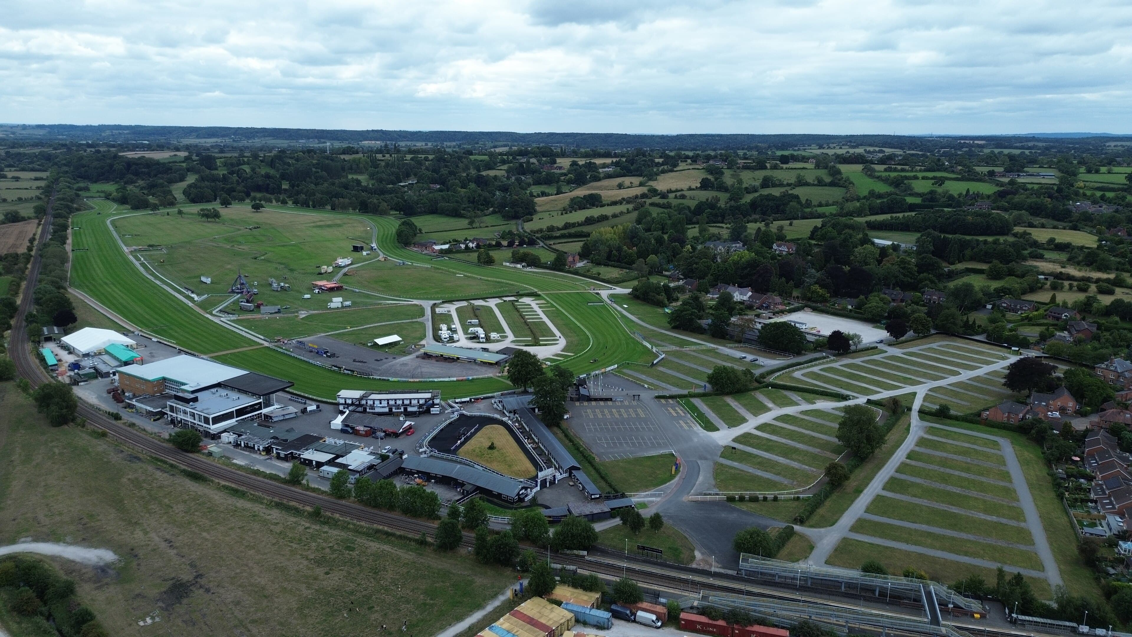 Uttoxeter Racecourse from the air, the full circuit and its stands set among Staffordshire farmland.