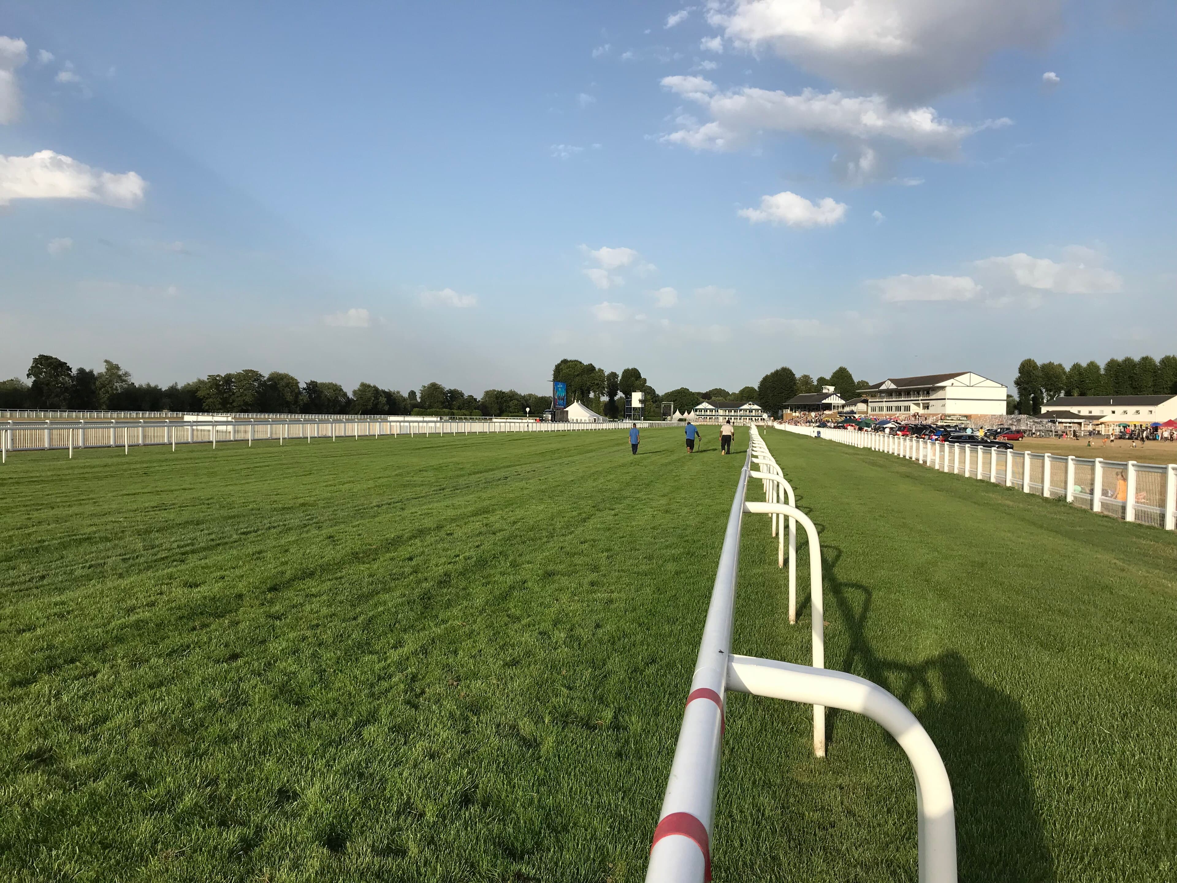 The finishing straight at Royal Windsor racecourse on a summer evening, the white running rail curving away towards the stands.