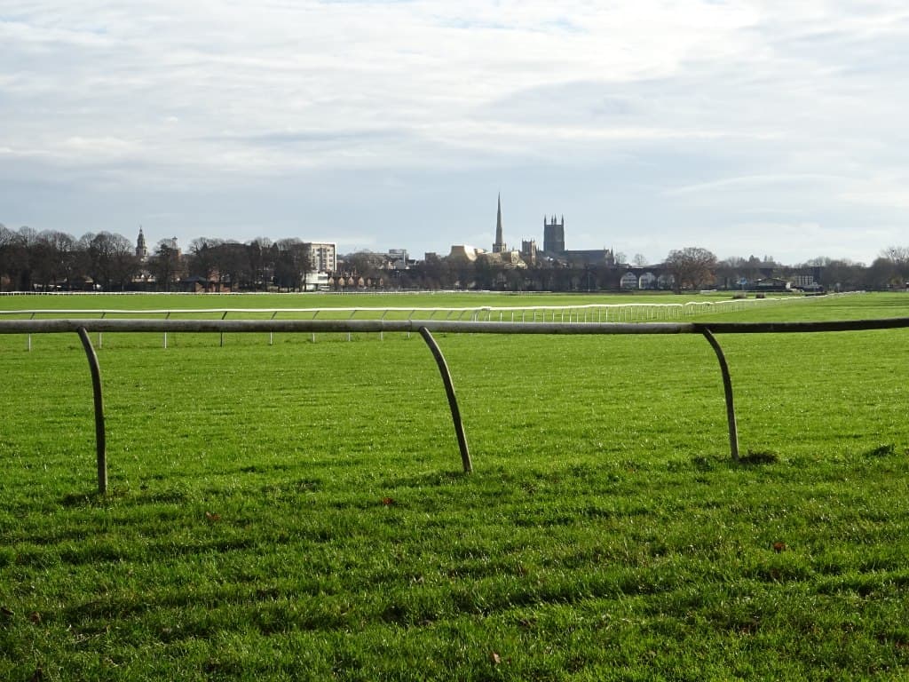 The turf and rails of Worcester racecourse with the cathedral and the city skyline beyond.