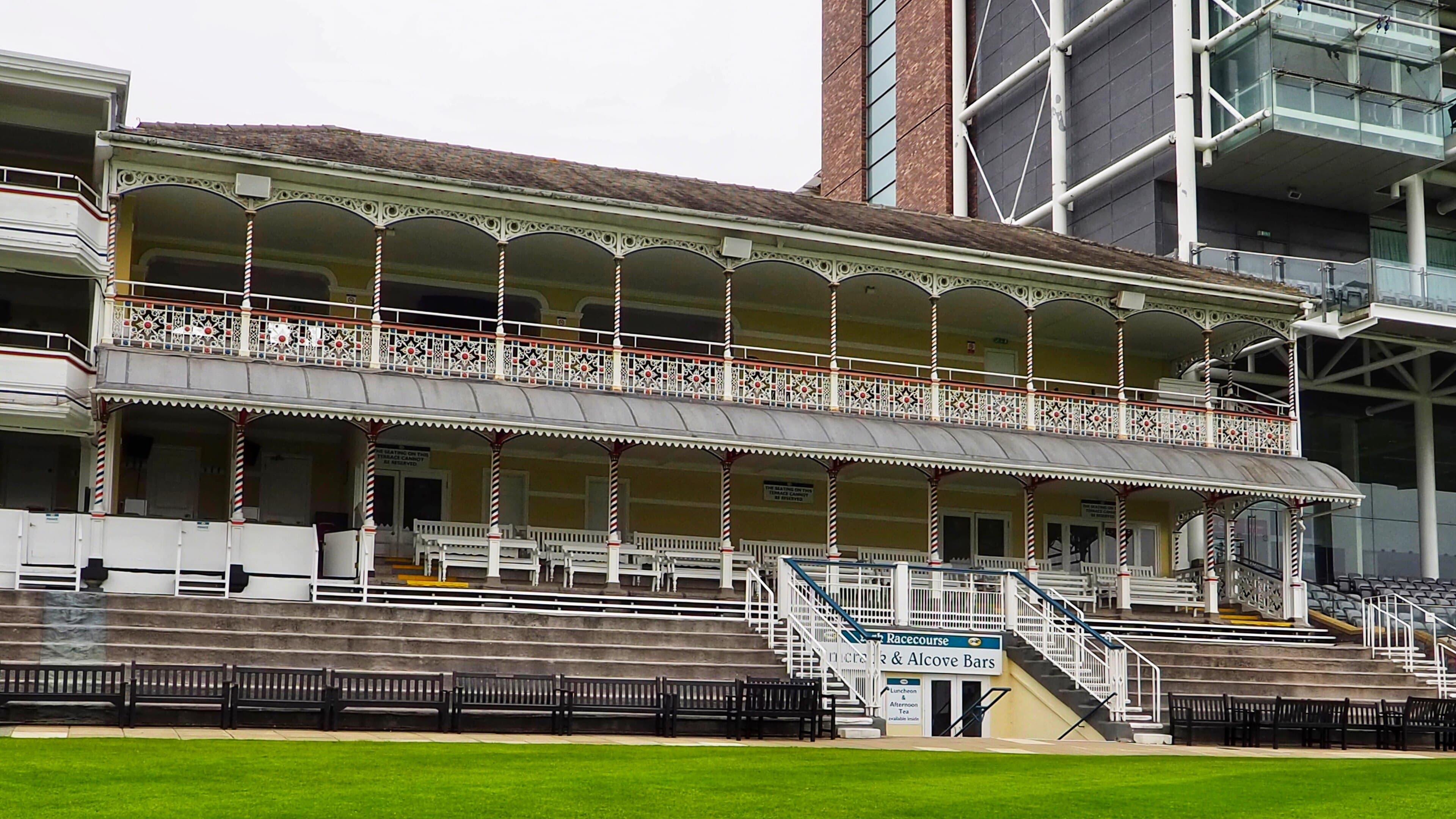 The Victorian ironwork and balconies of the County Stand at York Racecourse.