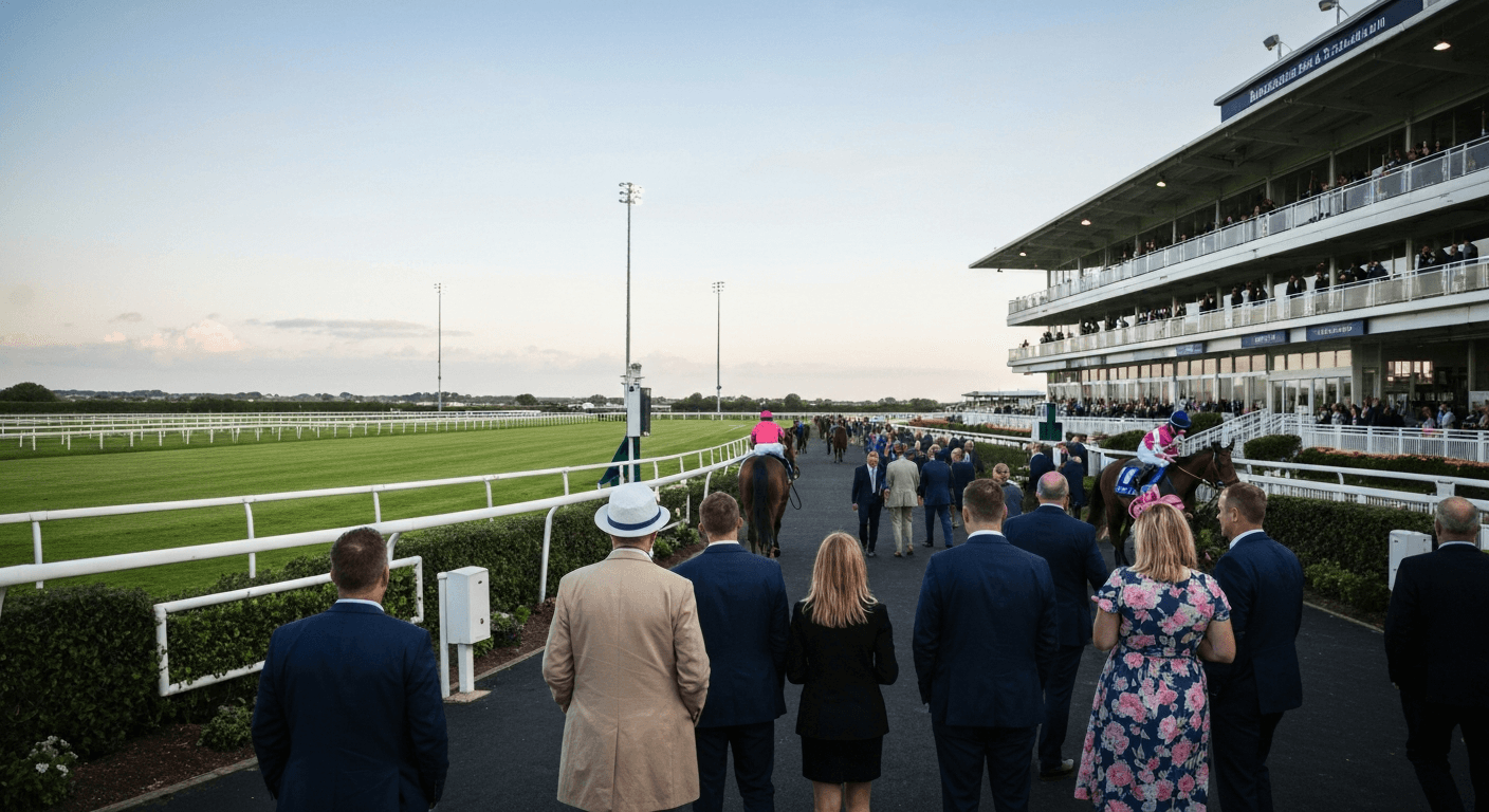 The floodlit grandstand at Dundalk Stadium on a Friday race night