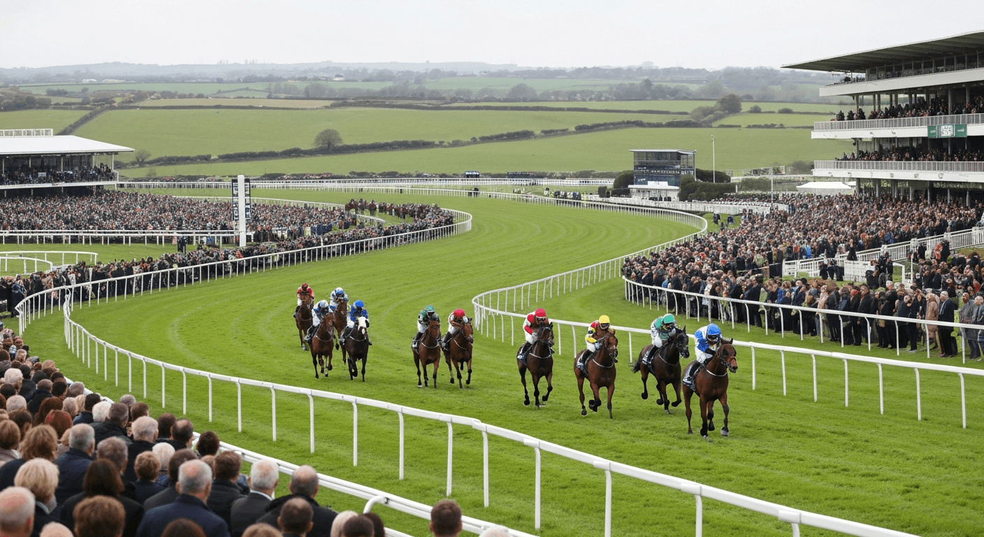 Runners jumping a fence at Navan Racecourse in Co. Meath on Troytown Chase day